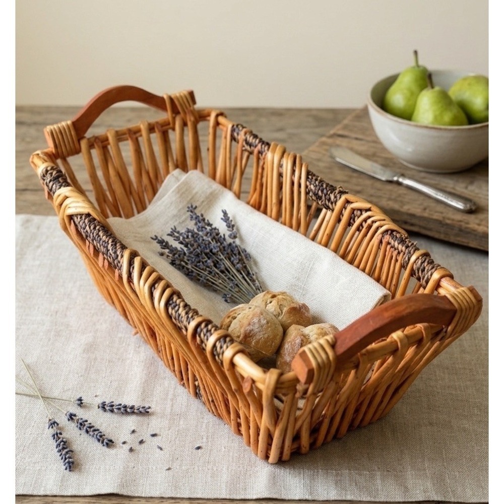 Vintage Handmade Willow Boat Basket Rustic French Country Wood Handles 20x9x6in